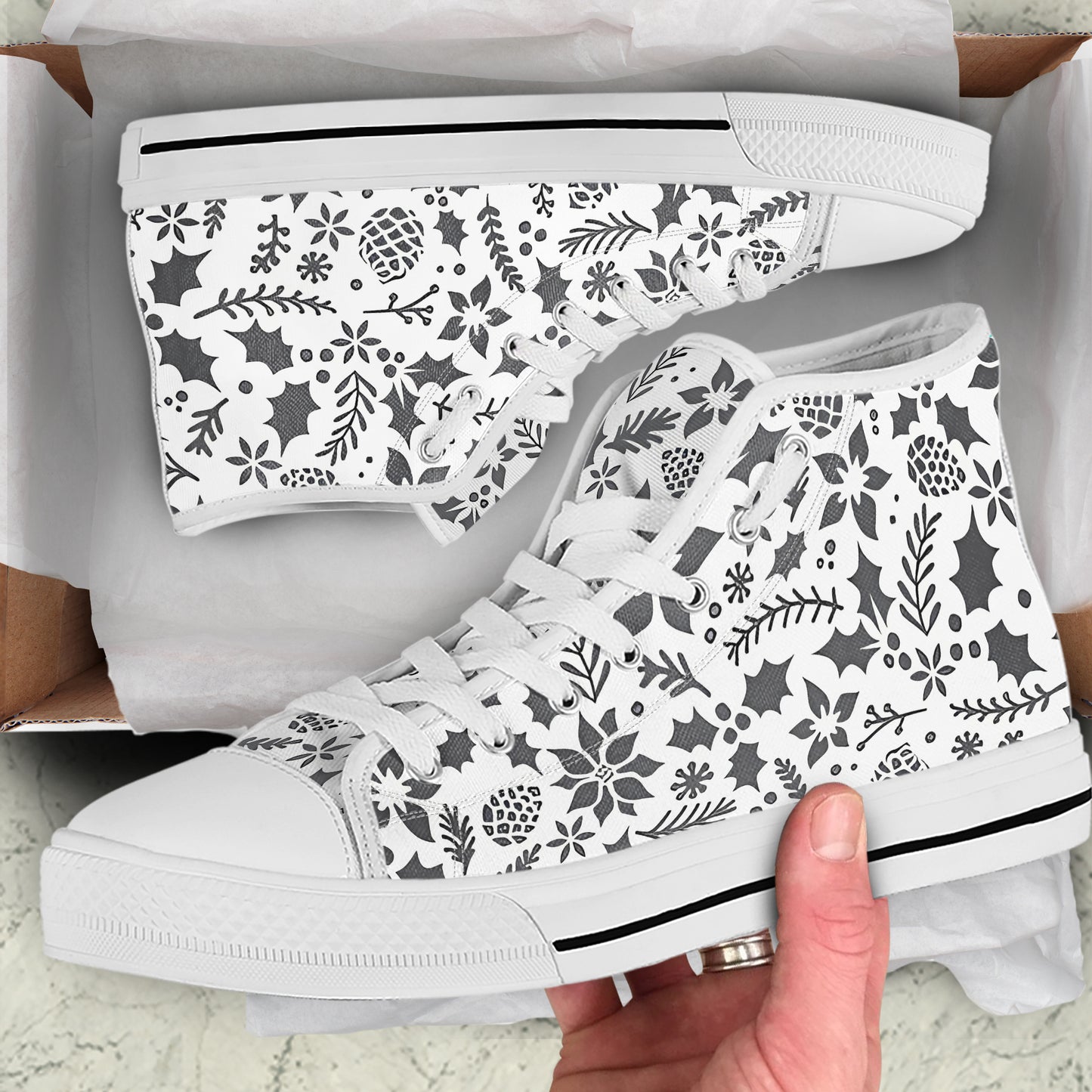 Elegant Black & White Holly High-Top Sneakers | Monochrome Christmas Canvas Shoes