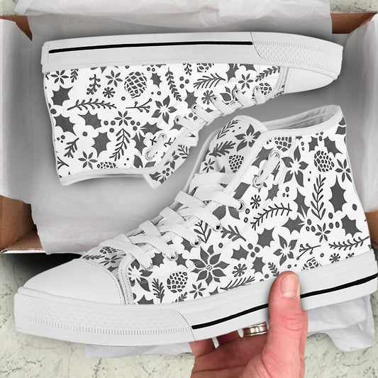 Elegant Black & White Holly High-Top Sneakers | Monochrome Christmas Canvas Shoes