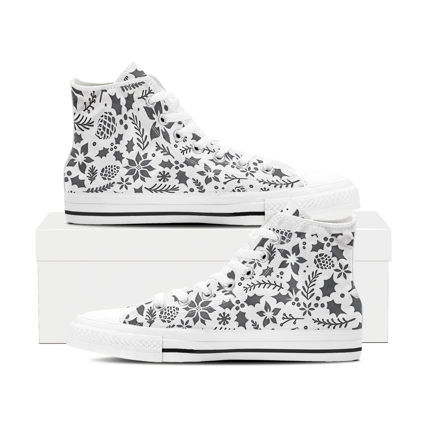 Elegant Black & White Holly High-Top Sneakers | Monochrome Christmas Canvas Shoes