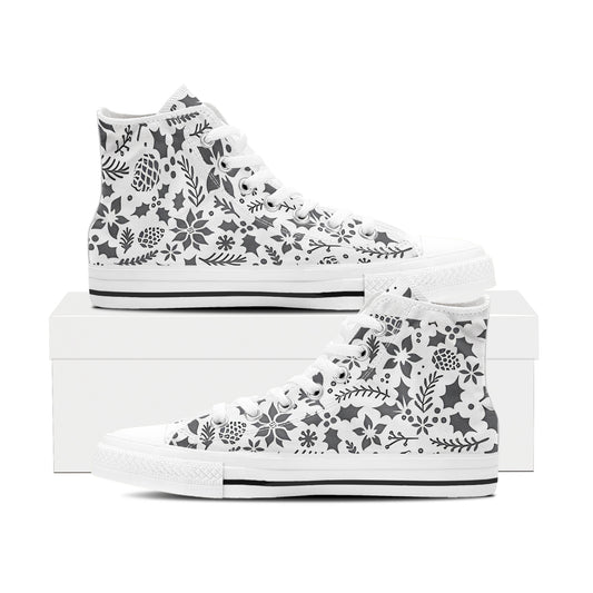 Elegant Black & White Holly High-Top Sneakers | Monochrome Christmas Canvas Shoes